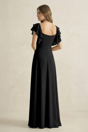 Ruffled Sleeves A-Line Chiffon Bridesmaid Dress in Black - SHE IS ME BRIDESMAID DRESSES