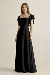 Ruffled Sleeves A-Line Chiffon Bridesmaid Dress in Black - KISS BRIDAL BRIDESMAID DRESSES