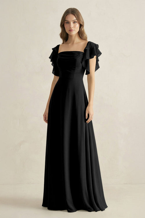 Ruffled Sleeves A-Line Chiffon Bridesmaid Dress in Black - SHE IS ME BRIDESMAID DRESSES