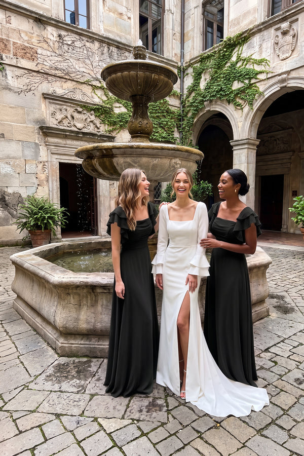 Ruffled Sleeves A-Line Chiffon Bridesmaid Dress in Black - KISS BRIDAL BRIDESMAID DRESSES
