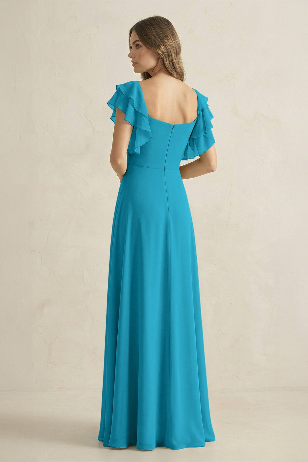 Ruffled Sleeves A-Line Chiffon Bridesmaid Dress in Blue Jay - KISS BRIDAL BRIDESMAID DRESSES