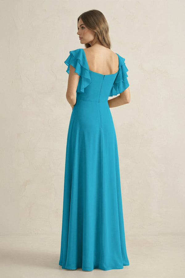 Ruffled Sleeves A-Line Chiffon Bridesmaid Dress in Blue Jay - SHE IS ME BRIDESMAID DRESSES