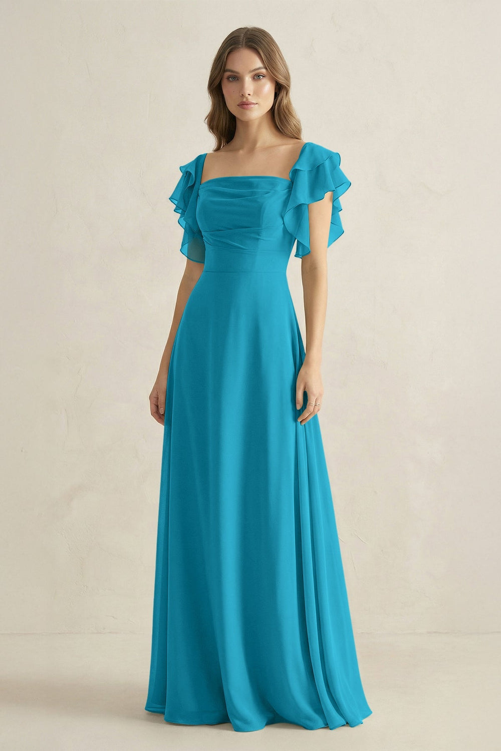 Ruffled Sleeves A-Line Chiffon Bridesmaid Dress in Blue Jay - KISS BRIDAL BRIDESMAID DRESSES