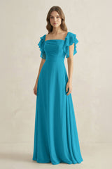 Ruffled Sleeves A-Line Chiffon Bridesmaid Dress in Blue Jay - KISS BRIDAL BRIDESMAID DRESSES