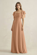 Ruffled Sleeves A-Line Chiffon Bridesmaid Dress in Bronzer - SHE IS ME BRIDESMAID DRESSES