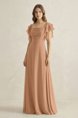 Ruffled Sleeves A-Line Chiffon Bridesmaid Dress in Bronzer - KISS BRIDAL BRIDESMAID DRESSES