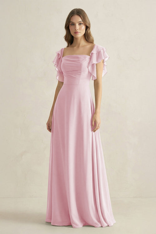 Ruffled Sleeves A-Line Chiffon Bridesmaid Dress in Candy Pink - SHE IS ME BRIDESMAID DRESSES