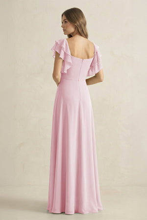 Ruffled Sleeves A-Line Chiffon Bridesmaid Dress in Candy Pink - SHE IS ME BRIDESMAID DRESSES