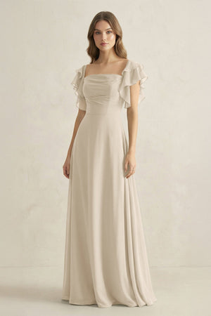 Ruffled Sleeves A-Line Chiffon Bridesmaid Dress in Champagne - SHE IS ME BRIDESMAID DRESSES
