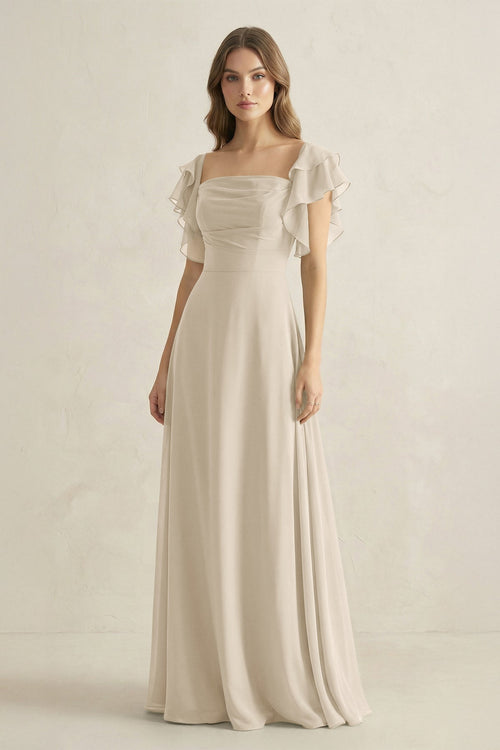 Ruffled Sleeves A-Line Chiffon Bridesmaid Dress in Champagne - SHE IS ME BRIDESMAID DRESSES