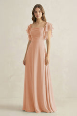 Ruffled Sleeves A-Line Chiffon Bridesmaid Dress in Champagne Rose - KISS BRIDAL BRIDESMAID DRESSES