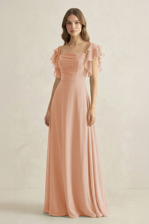 Ruffled Sleeves A-Line Chiffon Bridesmaid Dress in Champagne Rose - SHE IS ME BRIDESMAID DRESSES