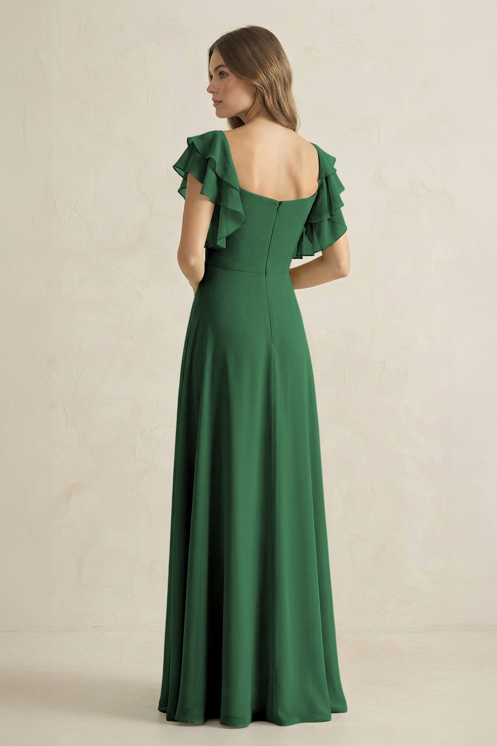 Ruffled Sleeves A-Line Chiffon Bridesmaid Dress in Dark Green - KISS BRIDAL BRIDESMAID DRESSES
