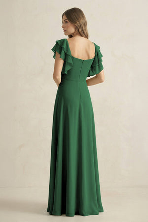 Ruffled Sleeves A-Line Chiffon Bridesmaid Dress in Dark Green - SHE IS ME BRIDESMAID DRESSES