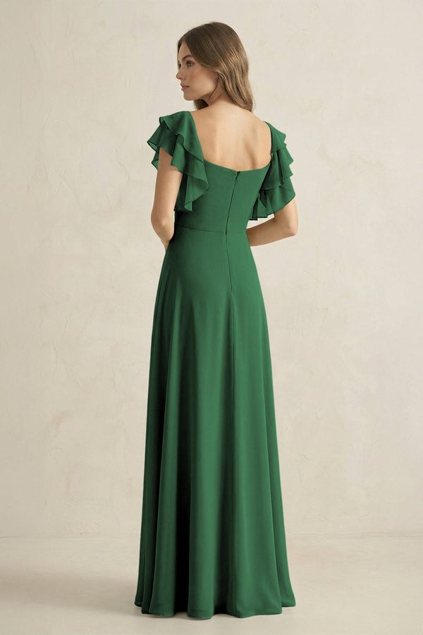 Ruffled Sleeves A-Line Chiffon Bridesmaid Dress in Dark Green - SHE IS ME BRIDESMAID DRESSES