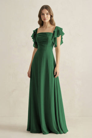 Ruffled Sleeves A-Line Chiffon Bridesmaid Dress in Dark Green - SHE IS ME BRIDESMAID DRESSES