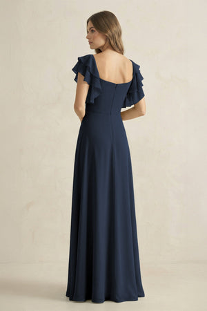Ruffled Sleeves A-Line Chiffon Bridesmaid Dress in Dark Navy - SHE IS ME BRIDESMAID DRESSES