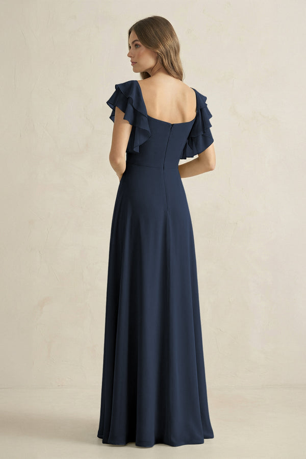 Ruffled Sleeves A-Line Chiffon Bridesmaid Dress in Dark Navy - SHE IS ME BRIDESMAID DRESSES