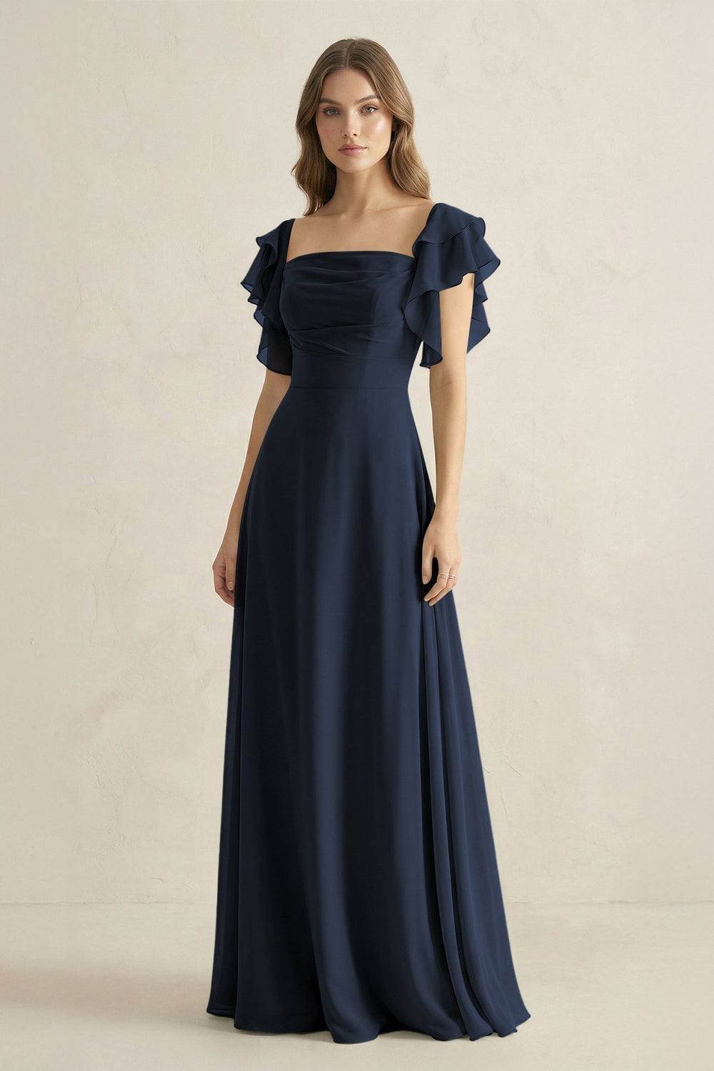 Ruffled Sleeves A-Line Chiffon Bridesmaid Dress in Dark Navy - KISS BRIDAL BRIDESMAID DRESSES