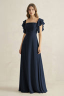 Ruffled Sleeves A-Line Chiffon Bridesmaid Dress in Dark Navy - SHE IS ME BRIDESMAID DRESSES