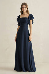 Ruffled Sleeves A-Line Chiffon Bridesmaid Dress in Dark Navy - KISS BRIDAL BRIDESMAID DRESSES