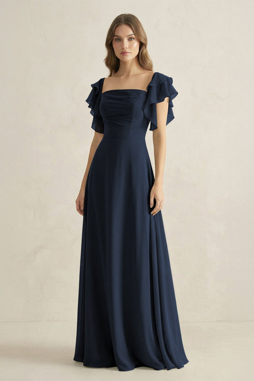Ruffled Sleeves A-Line Chiffon Bridesmaid Dress in Dark Navy - SHE IS ME BRIDESMAID DRESSES