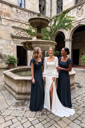 Ruffled Sleeves A-Line Chiffon Bridesmaid Dress in Dark Navy - KISS BRIDAL BRIDESMAID DRESSES