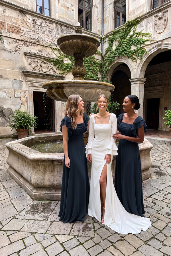 Ruffled Sleeves A-Line Chiffon Bridesmaid Dress in Dark Navy - KISS BRIDAL BRIDESMAID DRESSES