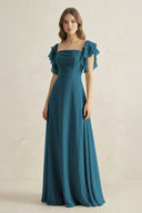 Ruffled Sleeves A-Line Chiffon Bridesmaid Dress in Dark Teal - SHE IS ME BRIDESMAID DRESSES