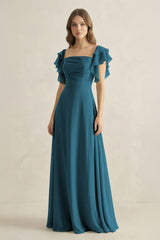 Ruffled Sleeves A-Line Chiffon Bridesmaid Dress in Dark Teal - KISS BRIDAL BRIDESMAID DRESSES
