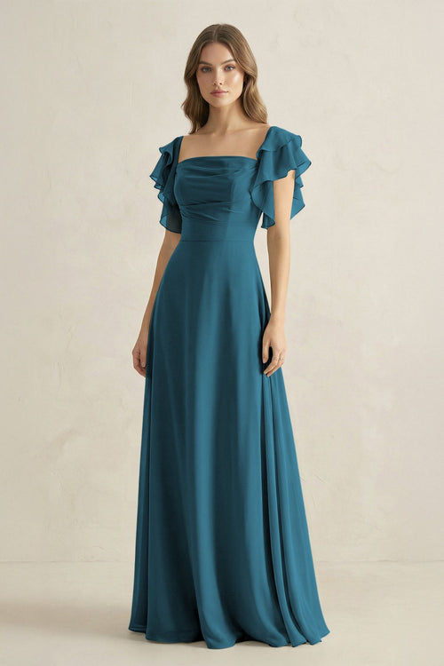 Ruffled Sleeves A-Line Chiffon Bridesmaid Dress in Dark Teal - SHE IS ME BRIDESMAID DRESSES
