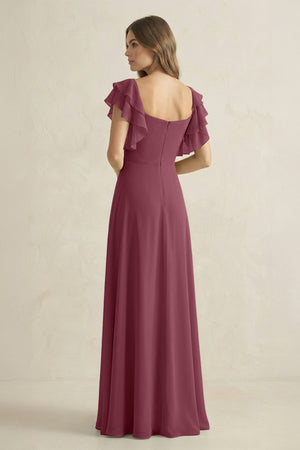 Ruffled Sleeves A-Line Chiffon Bridesmaid Dress in Desert Rose (2) | KISSBRIDAL