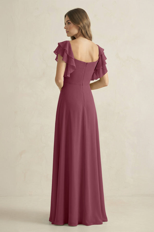 Ruffled Sleeves A-Line Chiffon Bridesmaid Dress in Desert Rose (2) | KISSBRIDAL
