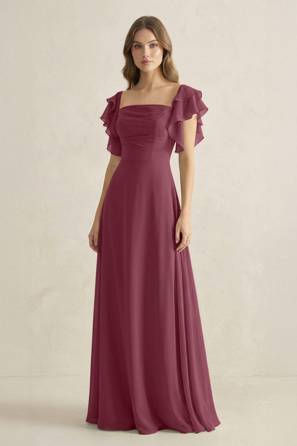 Ruffled Sleeves A-Line Chiffon Bridesmaid Dress in Desert Rose