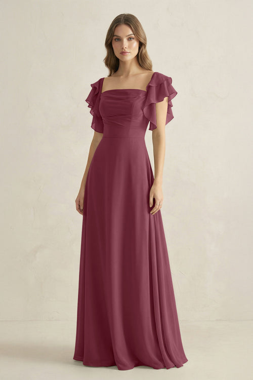 Ruffled Sleeves A-Line Chiffon Bridesmaid Dress in Desert Rose | KISSBRIDAL