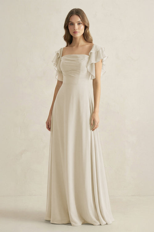 Ruffled Sleeves A-Line Chiffon Bridesmaid Dress in Dove Gray - SHE IS ME BRIDESMAID DRESSES