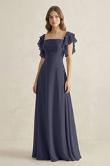 Ruffled Sleeves A-Line Chiffon Bridesmaid Dress in Dusk Blue - KISS BRIDAL BRIDESMAID DRESSES