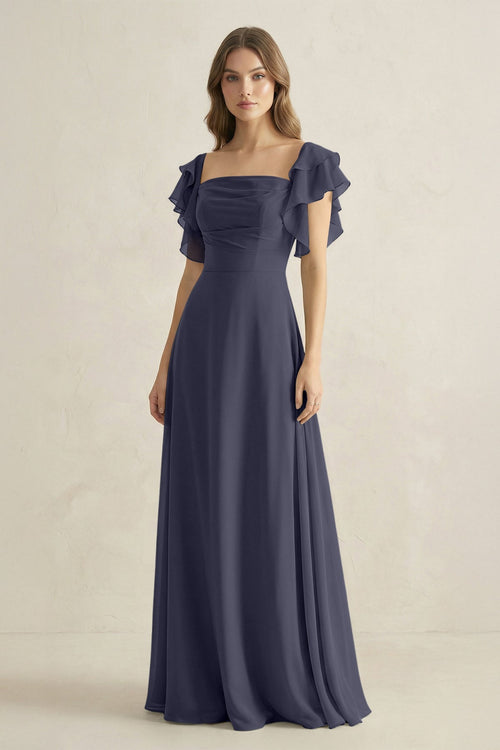 Ruffled Sleeves A-Line Chiffon Bridesmaid Dress in Dusk Blue - SHE IS ME BRIDESMAID DRESSES