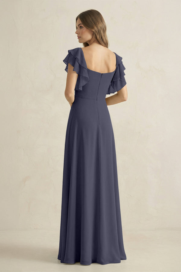 Ruffled Sleeves A-Line Chiffon Bridesmaid Dress in Dusk Blue - SHE IS ME BRIDESMAID DRESSES