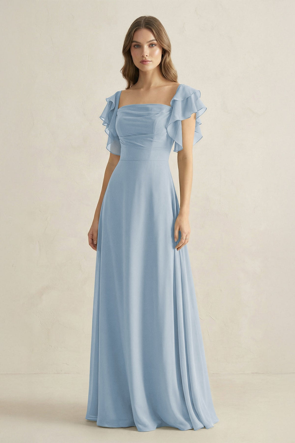 Ruffled Sleeves A-Line Chiffon Bridesmaid Dress in Dusty Blue - KISS BRIDAL BRIDESMAID DRESSES