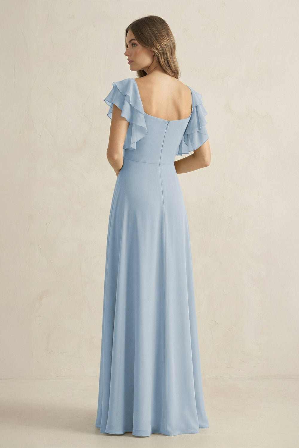 Ruffled Sleeves A-Line Chiffon Bridesmaid Dress in Dusty Blue - KISS BRIDAL BRIDESMAID DRESSES