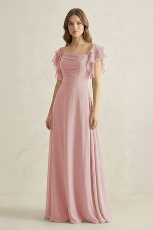 Ruffled Sleeves A-Line Chiffon Bridesmaid Dress in Dusty Rose - SHE IS ME BRIDESMAID DRESSES