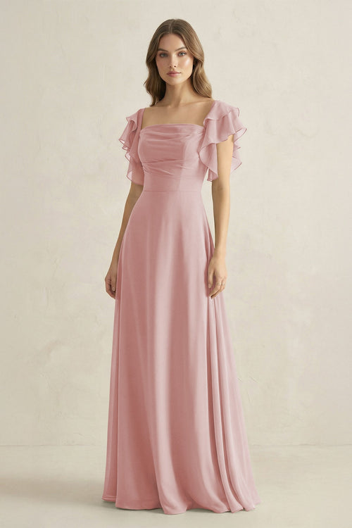 Ruffled Sleeves A-Line Chiffon Bridesmaid Dress in Dusty Rose - SHE IS ME BRIDESMAID DRESSES