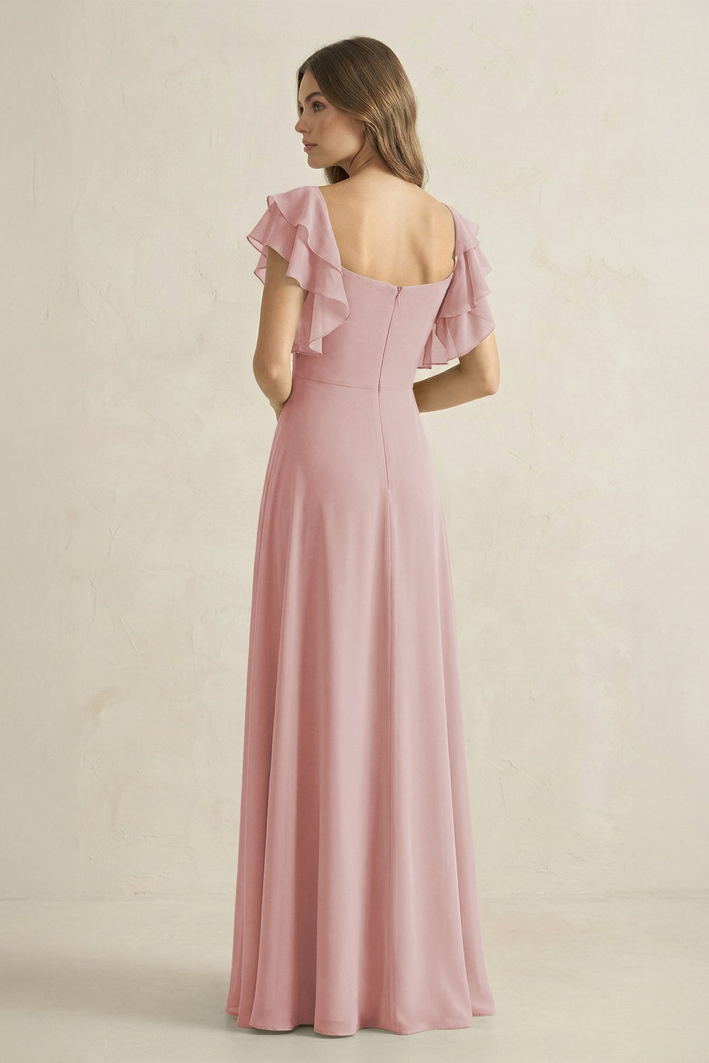 Ruffled Sleeves A-Line Chiffon Bridesmaid Dress in Dusty Rose - KISS BRIDAL BRIDESMAID DRESSES