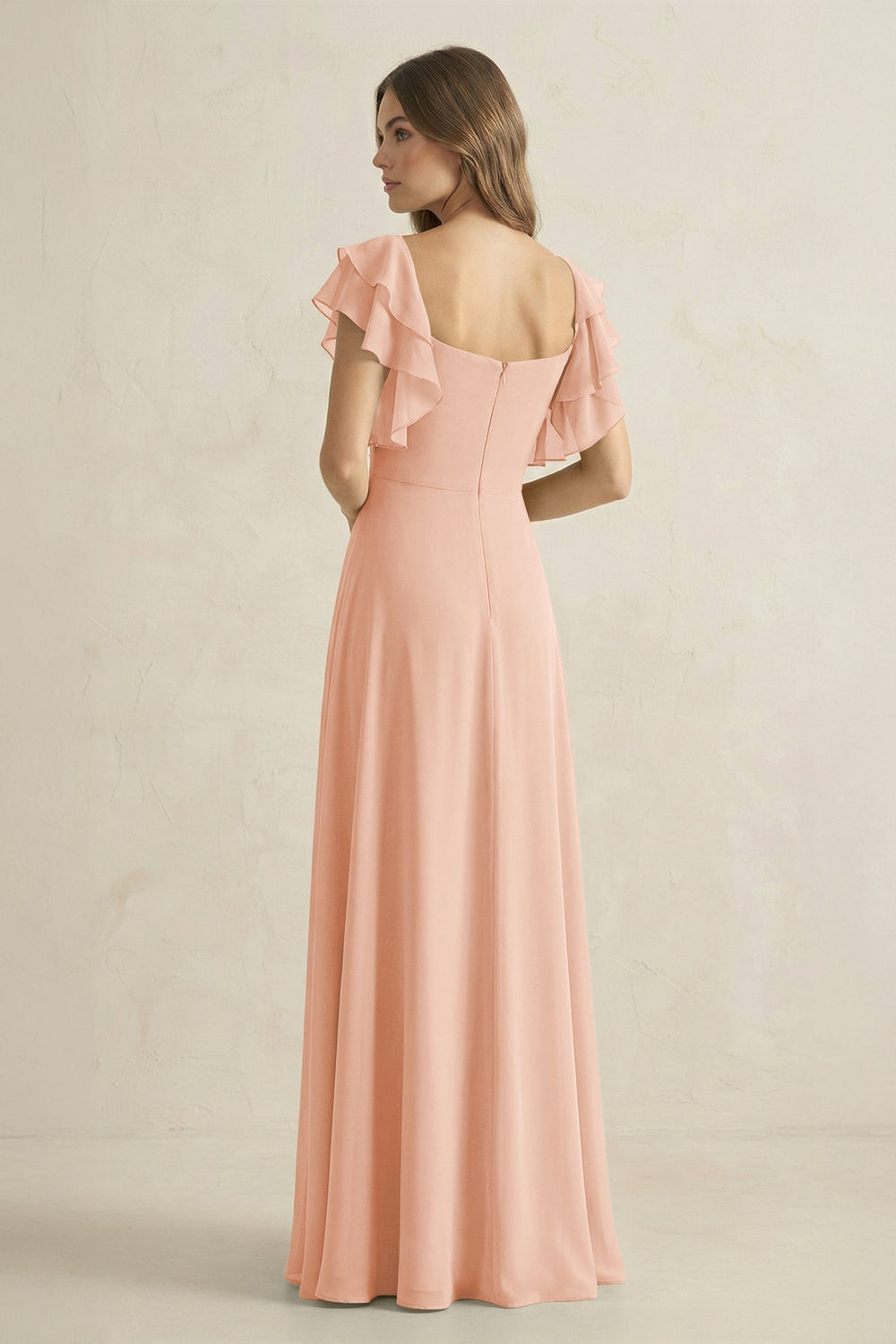 Ruffled Sleeves A-Line Chiffon Bridesmaid Dress in English Rose - KISS BRIDAL BRIDESMAID DRESSES