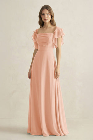 Ruffled Sleeves A-Line Chiffon Bridesmaid Dress in English Rose - SHE IS ME BRIDESMAID DRESSES