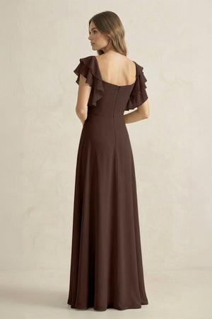 Ruffled Sleeves A-Line Chiffon Bridesmaid Dress in Espresso - SHE IS ME BRIDESMAID DRESSES