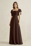 Ruffled Sleeves A-Line Chiffon Bridesmaid Dress in Espresso - SHE IS ME BRIDESMAID DRESSES