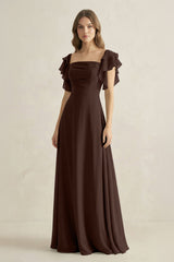 Ruffled Sleeves A-Line Chiffon Bridesmaid Dress in Espresso - KISS BRIDAL BRIDESMAID DRESSES