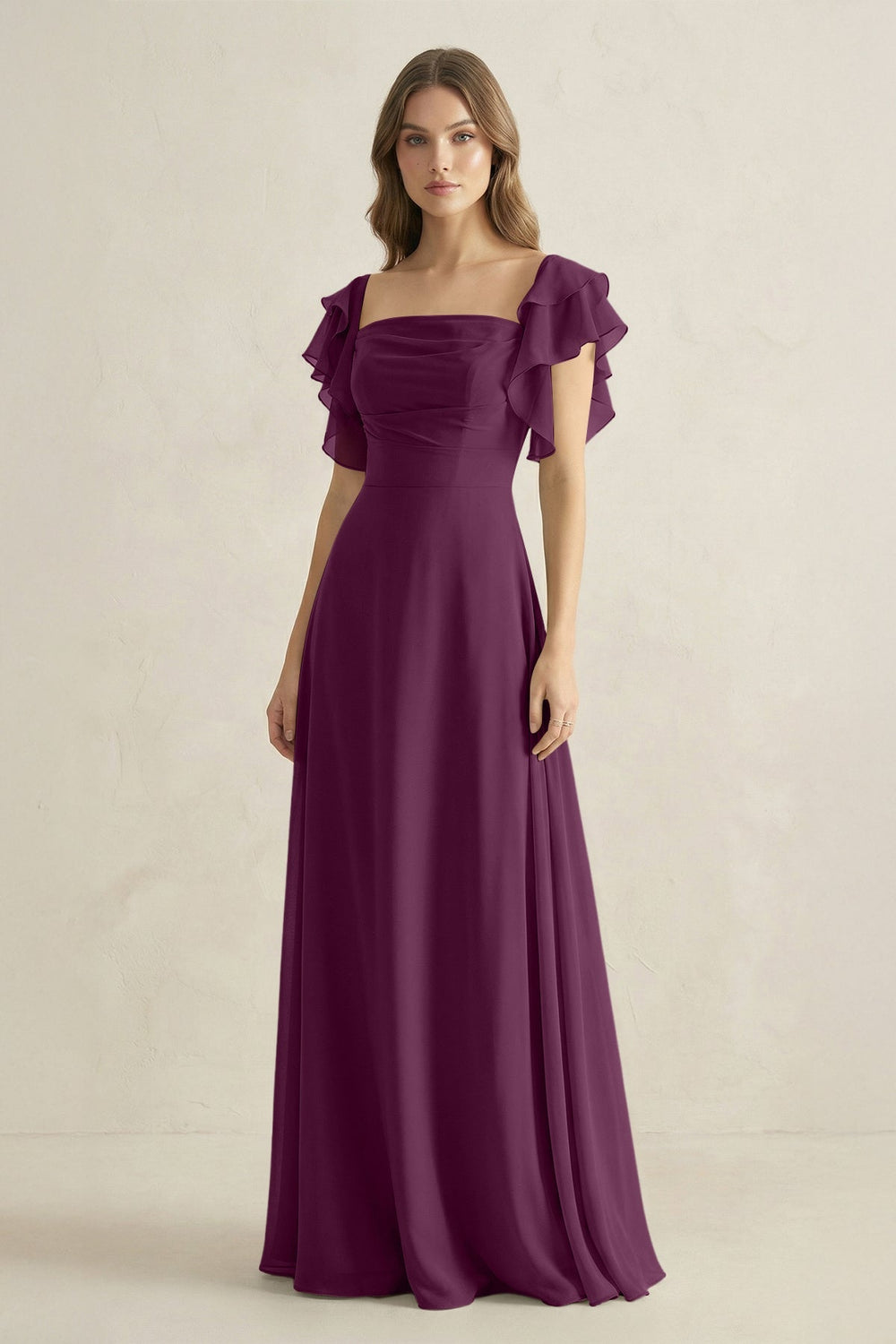 Ruffled Sleeves A-Line Chiffon Bridesmaid Dress in Fig - KISS BRIDAL BRIDESMAID DRESSES